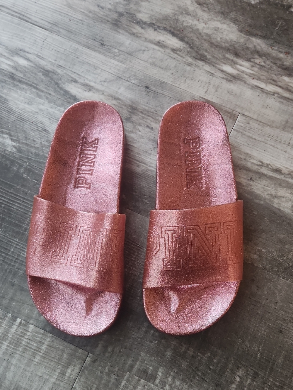 PINK Victoria's Secret Glitter Slide Sandals in Rose Metallic